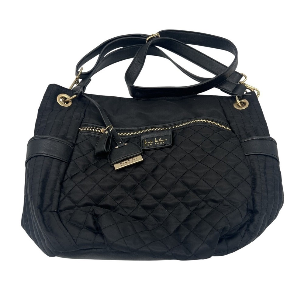 Nicole Miller New York Black Quilted Nylon Shoulder Bagβ Hobo Leopard Lining